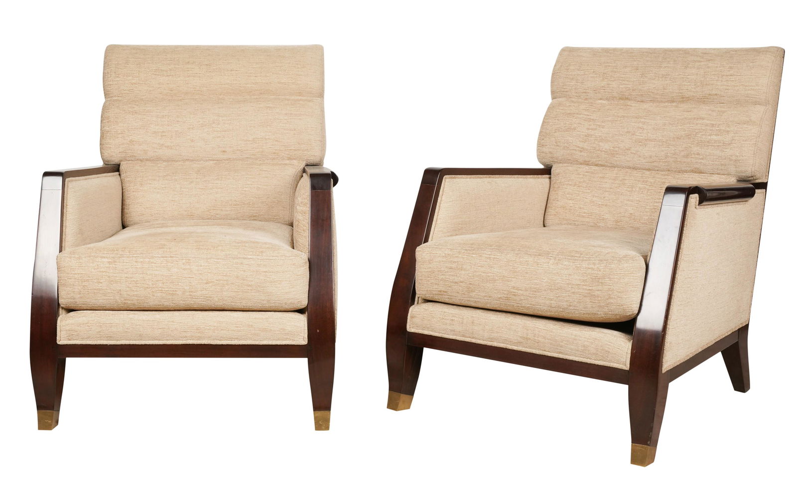 Style of Lucien Rollin: Pair of Armchairs: "Chaise Gabrielle" from the Lucien Rollin Collection by William Switzer Fine Furniture; stained wood, beige fabric, brass; manufacturer's label "Lucien Rollin Collection", further label "Made in China