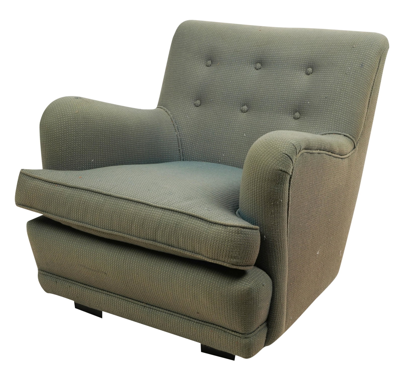 Mid-Century Modern Club Chair: unsigned; upholstered in green fabric with tufted backrest 31 x 32 x 34 in. (78.7 x 81.3 x 86.4 cm.), Seat height: 18 in. (45.7 cm.) Property from the personal collection of Jeff Schuerholz of Fat Cha