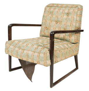 Attributed to Paul Laszlo (1908 -1981): Lounge Chair: lacquered wood and blue, gold and beige boucle fabric; unsigned 32 x 27 x 27 in. (81.3 x 68.6 x 68.6 cm.), Seat height: 15 in. (38.1 cm.) Property from the personal collection of Jeff Schuerholz of Fa