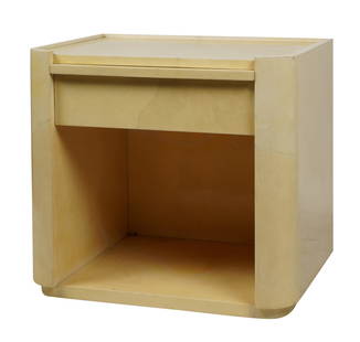 Sally Sirkin Lewis for J. Robert Scott: End Table: goatskin parchment over wood; manufacturer's label to drawer interior; with a sliding shelf over a drawer 29 1/2 x 34 x 24 in. (74.9 x 86.4 x 61 cm.) Property from the personal collection of Jeff Schu