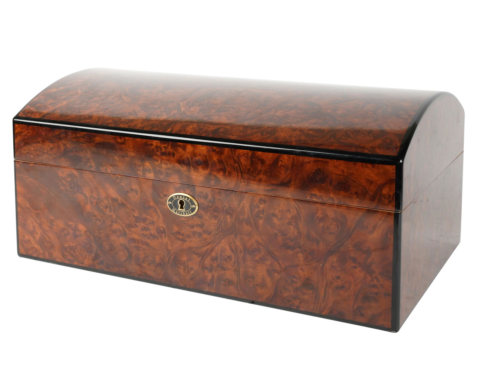 Daniel Marshall Burl Wood Humidor: model no. ETH528; with manual, instructions, straight cutter and key 8 1/2 x 17 1/2 x 10 3/4 in. (21.6 x 44.5 x 27.3 cm.)