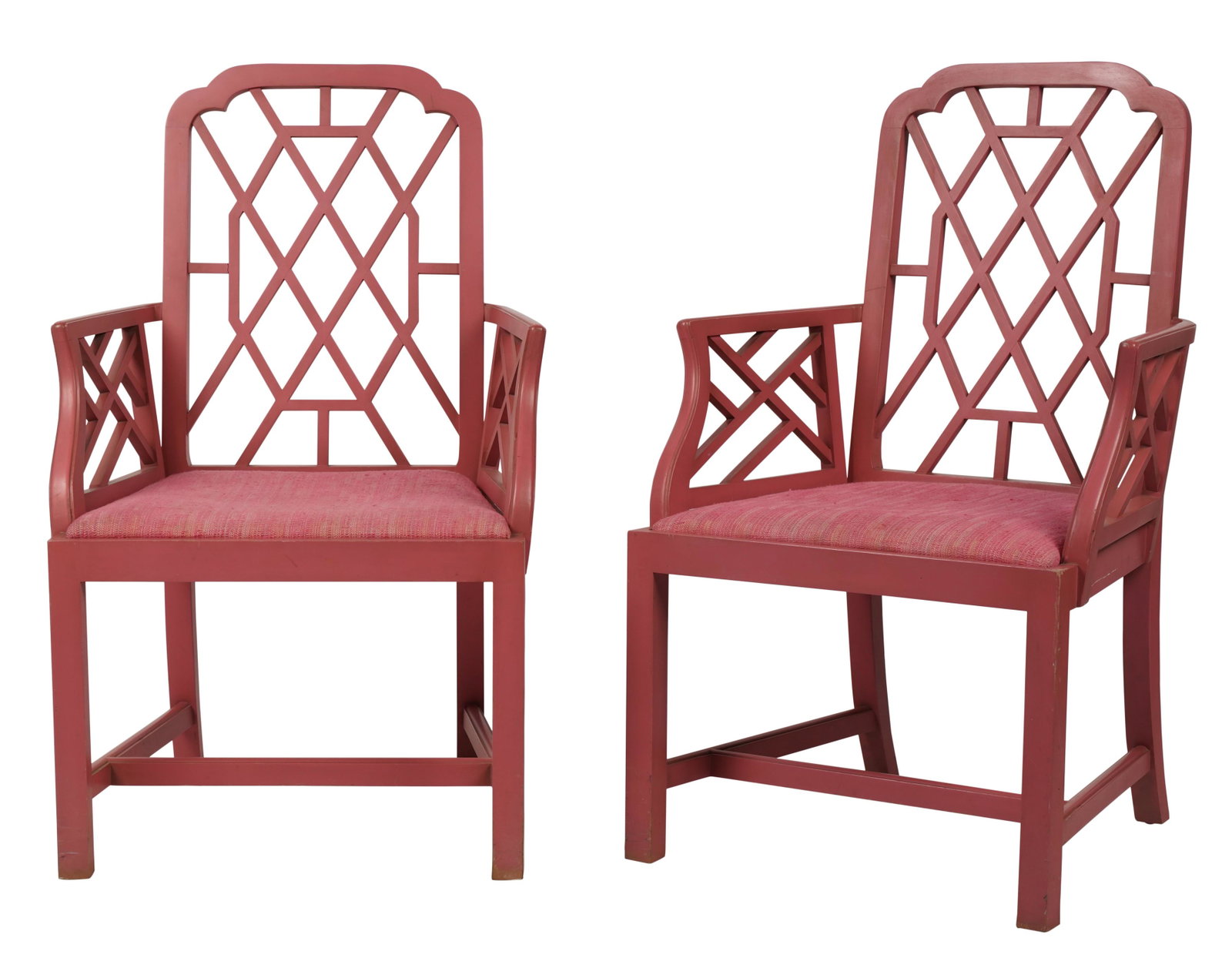 Pair of Pink Painted Chippendale-Style Armchairs: contemporary; unsigned; with pink tweed fabric-covered seats 37 x 22 1/2 x 25 in. (94 x 57.2 x 63.5 cm.), Seat height: 17 in. (43.2 cm.) Property from the personal collection of Jeff Schuerholz of Fat