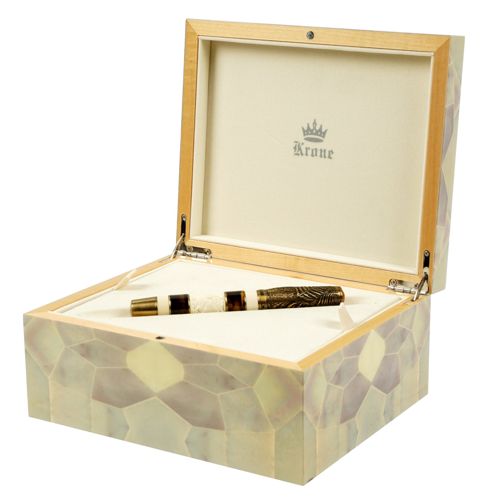 Krone Tyrannosaurus Rex Ltd. Ed. Fountain Pen: the cap adorned with amber etched T. Rex depiction and a fragment of T. Rex tooth set into lip, the barrel of tigers eye and mammoth ivory;having bronze accents throughout; broad 18k two-tone nib; num