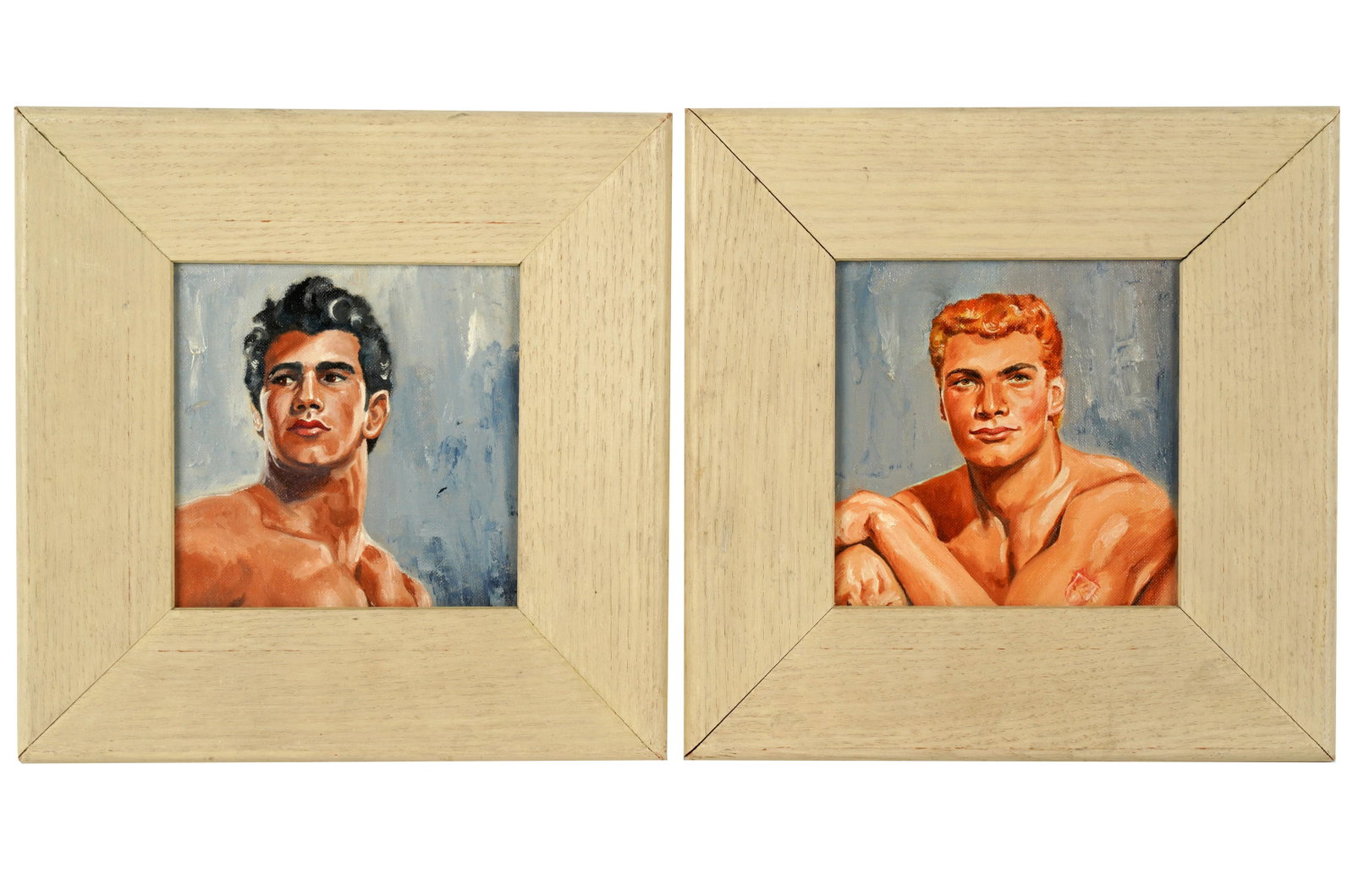 Lance Horner: Pair of Portraits: 1956; oil on board; each signed, dated and titled verso; each depicting a character from Lance Horner's book "The Street of the Sun" Each 6 x 6 in. (15.2 x 15.2 cm.), Frame: 10 1/2 x 10 3/8 in. (26.7 