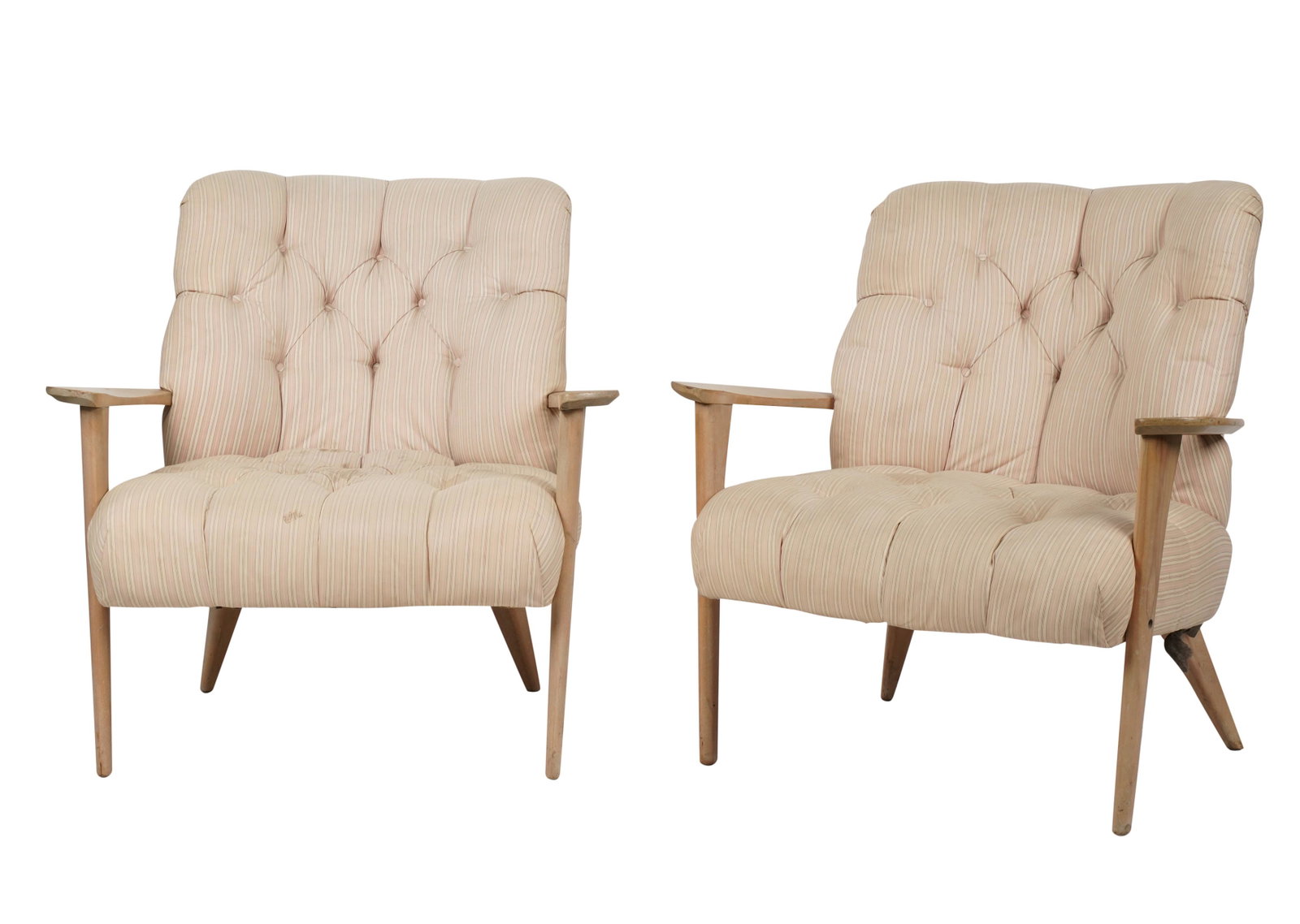 Pair of Mid-Century Modern Tufted Armchairs: bleached wood frames; unsigned 33 x 33 x 27 in. (83.8 x 83.8 x 68.6 cm.), Seat height: 16 in. (40.6 cm.) Property from the personal collection of Jeff Schuerholz of Fat Chance, the iconic Los Angeles 