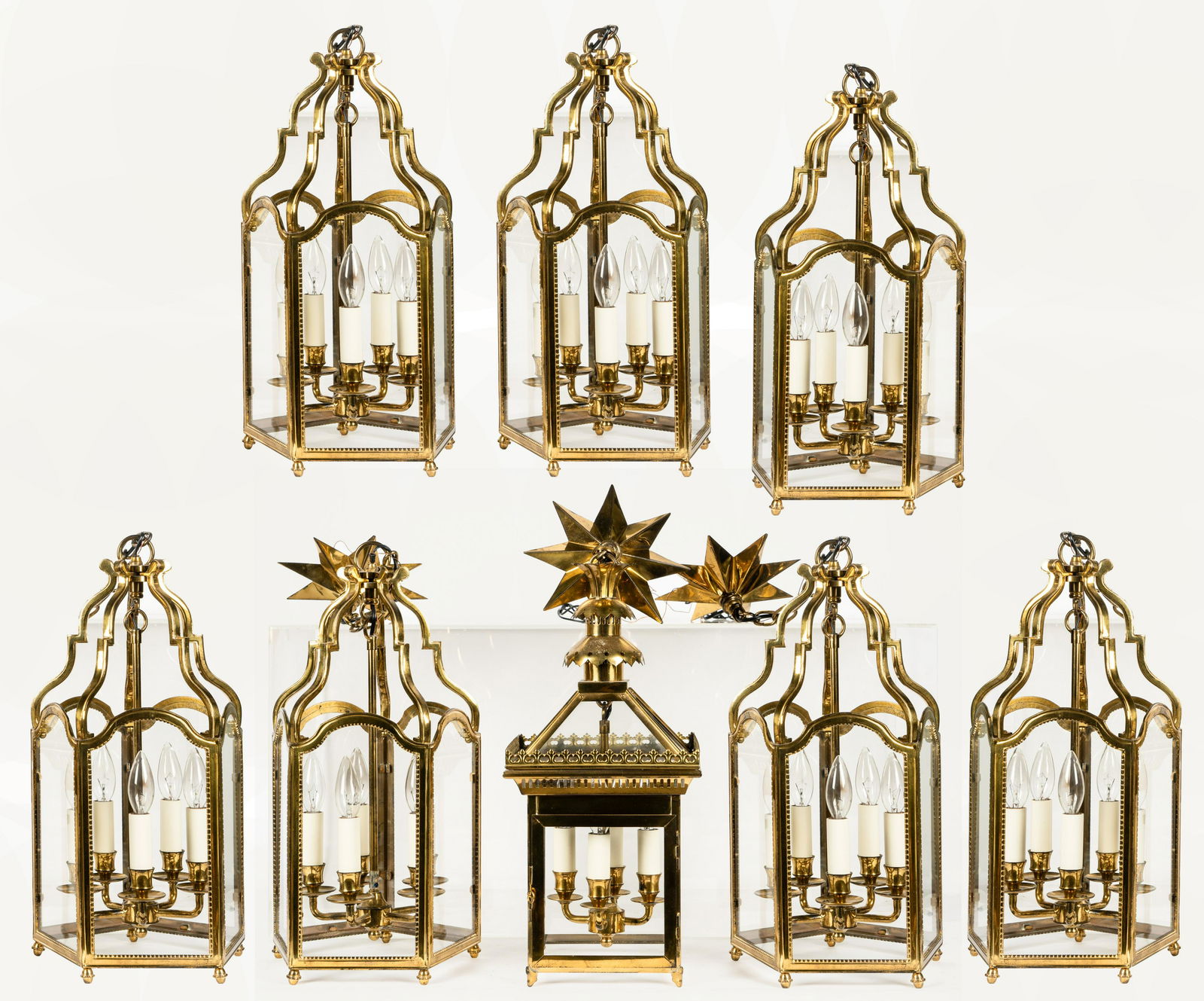 Group of Eight Glass and Brass Ceiling Lanterns (1 of 14)