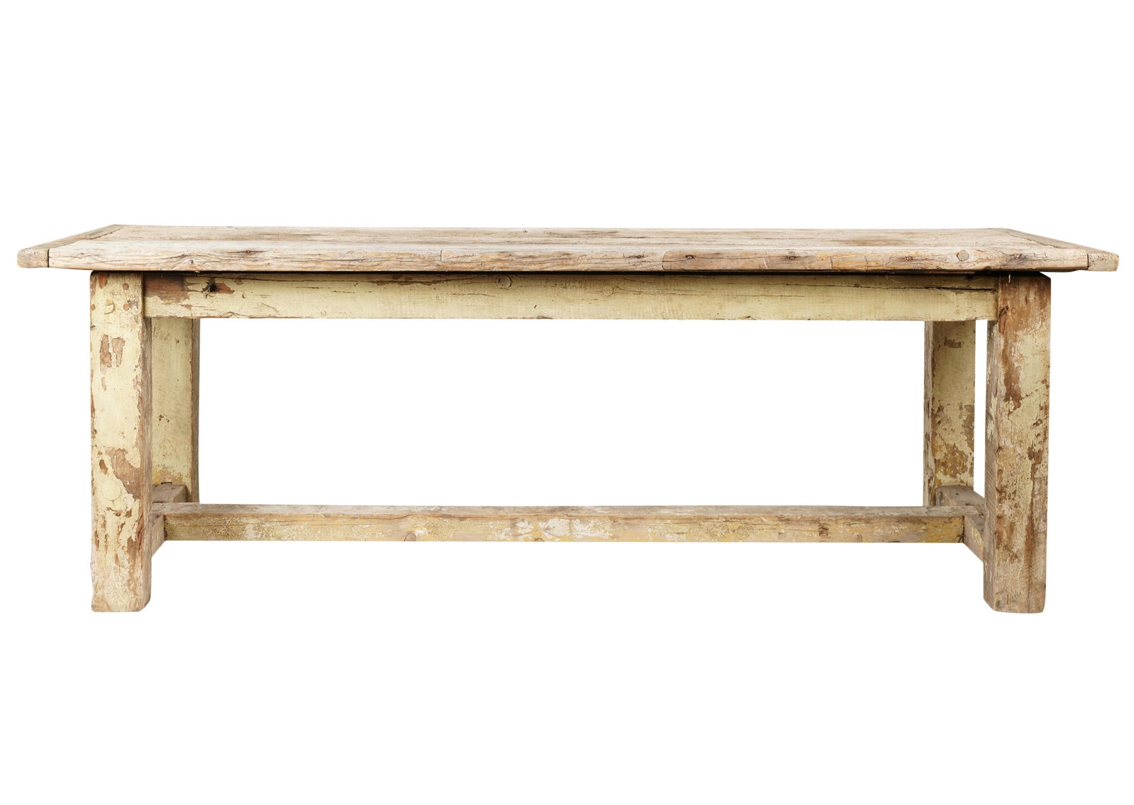 Rustic Painted Wood Work Table: the plank top with breadboard ends 31 1/2 x 91 1/2 x 32 1/2 in. (80 x 232.4 x 82.6 cm.)