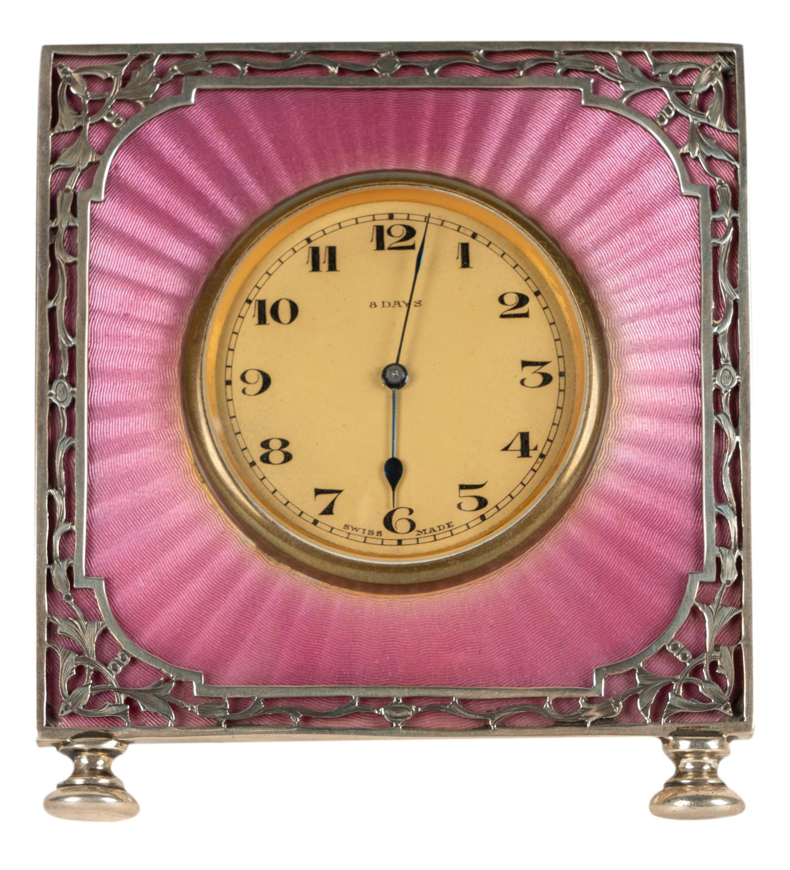 Sterling-Mounted Guilloche Enamel 8-Day Clock: the dial marked "Swiss Made", the reticulated sterling frame marked for William Comyns and Sons, London, 1926 4 x 3 1/2 in. (10.2 x 8.9 cm.) Provenance: Property from the Estate of Harvey and Sugar By