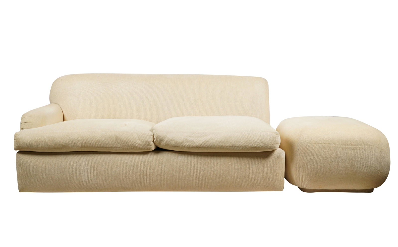 A. Rudin Single-Arm Sofa and Ottoman: with "A. Rudin" label Sofa (approximately): 34 x 74 x 40 in. (86.4 x 188 x 101.6 cm.), Seat height: 20 in. (50.8 cm.), Ottoman: 20 x 37 x 30 in. (50.8 x 94 x 76.2 cm.)