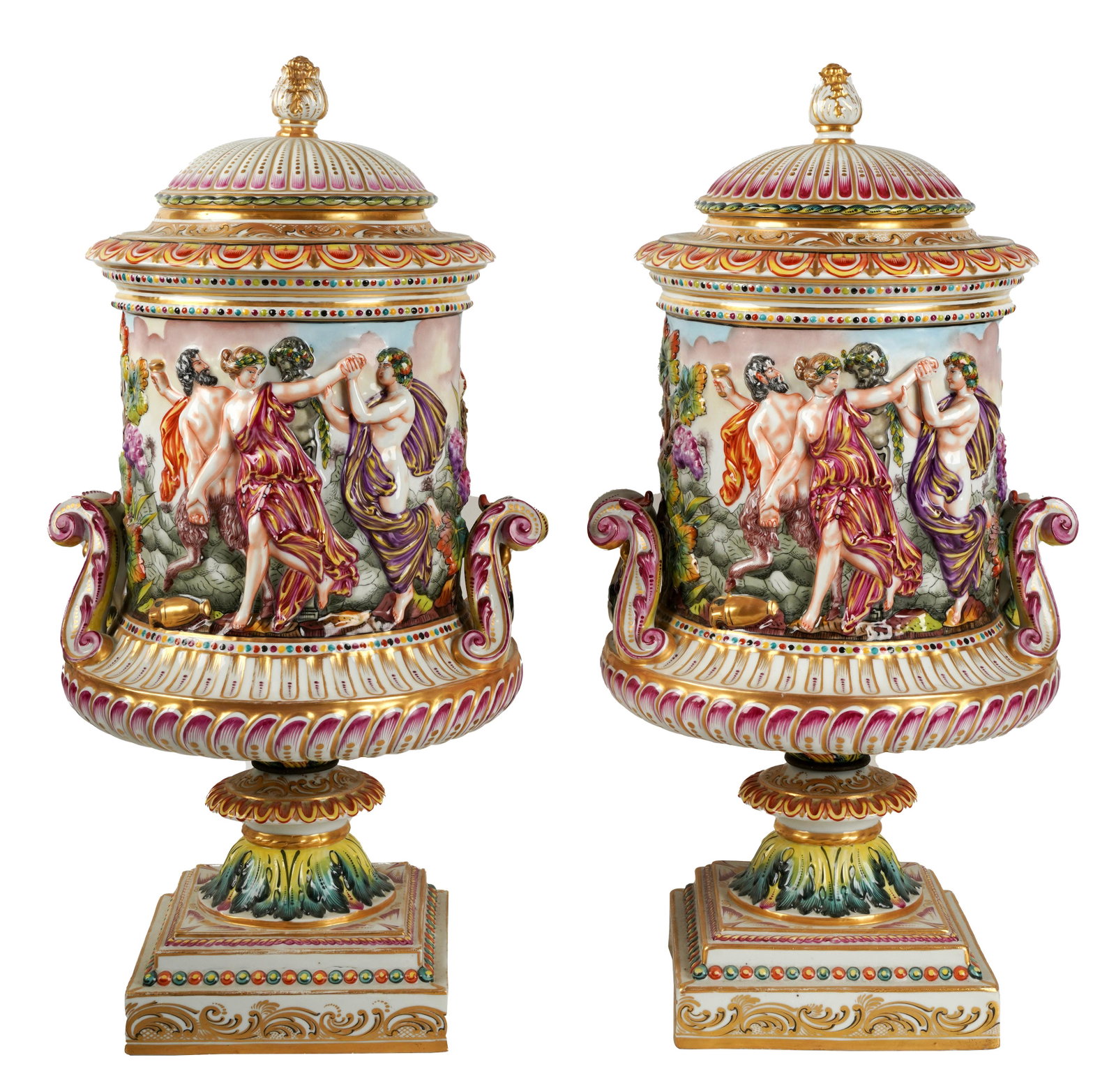 Pair of Capodimonte-Style Porcelain Covered Urns: each with underglaze blue crowned "N" mark, further marked "France" 19 1/2 x 10 1/2 x 9 in. (49.5 x 26.7 x 22.9 cm.)