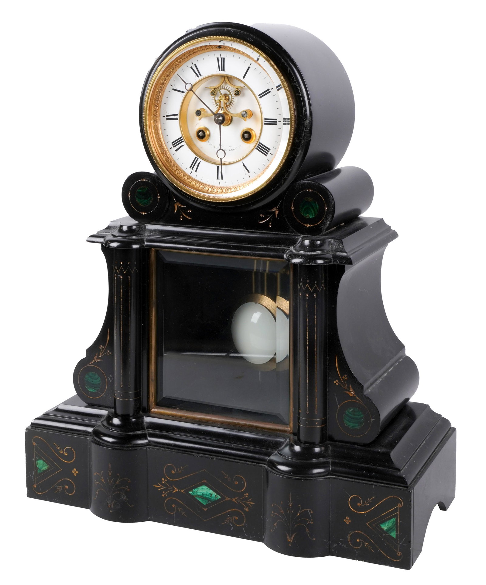 French Slate Mantel Clock: 19th century; the movement with S. Marti Medaille de Bronze pastille, the dial signed "G[illegible] R. de la Mon. Ste. Genve. 55"; with pendulum 18 x 15 x 6 1/2 in. (45.7 x 38.1 x 16.5 cm.)