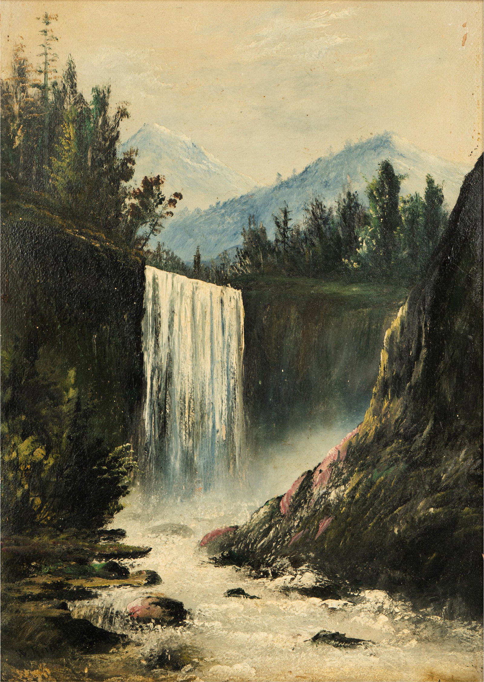 William Keith (1838-1911): Nevada Falls, Yosemite: William Keith 1838-1911 Nevada Falls, Yosemite oil on board signed lower left 22 1/2 x 16 1/4 in. (57.2 x 41.3 cm.), Frame: 27 x 21 in. (68.6 x 53.3 cm.)