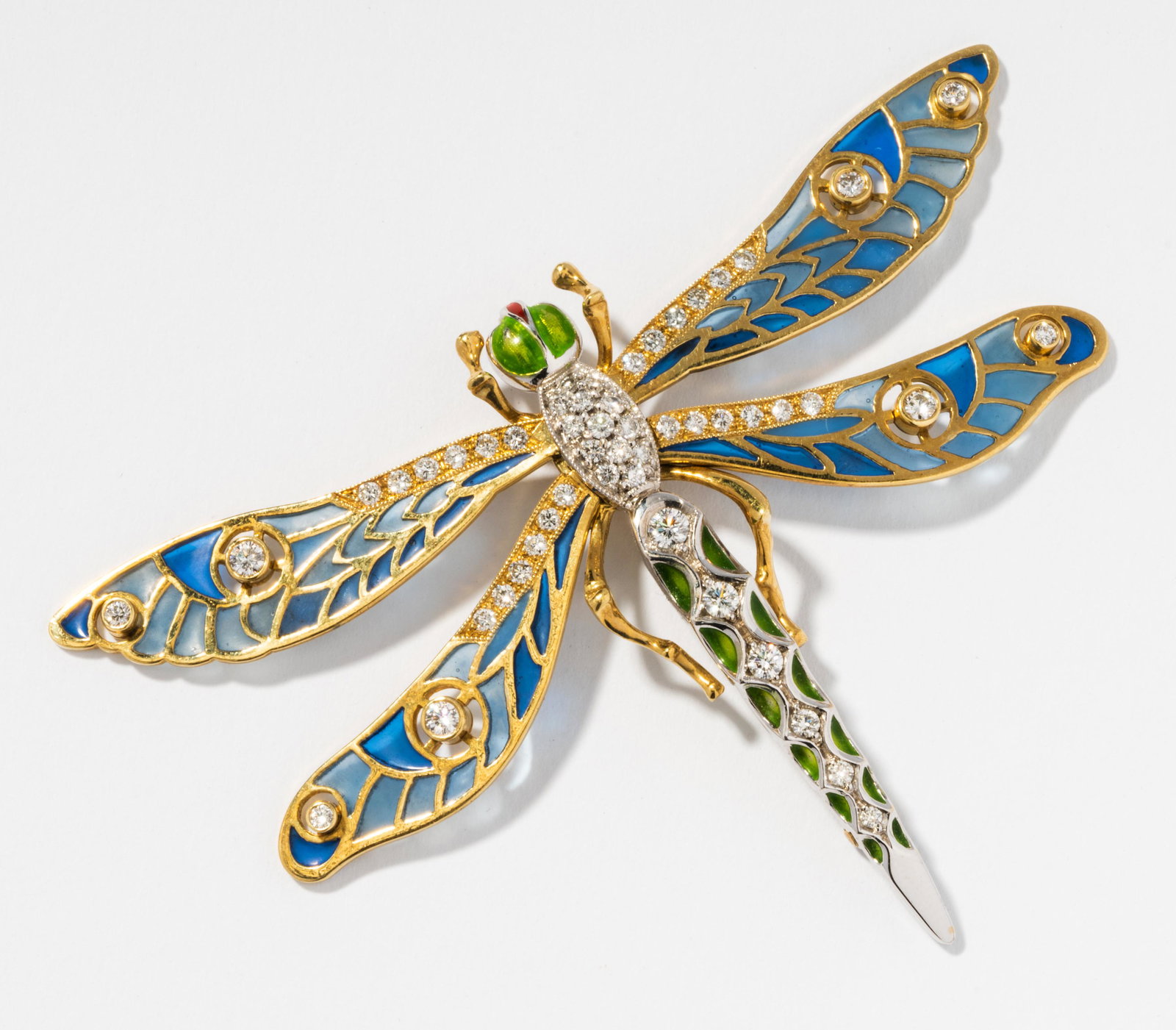 18 Karat Yellow Gold, Diamond, Plique a Jour Enamel Dragonfly Brooch (1 of 10)
