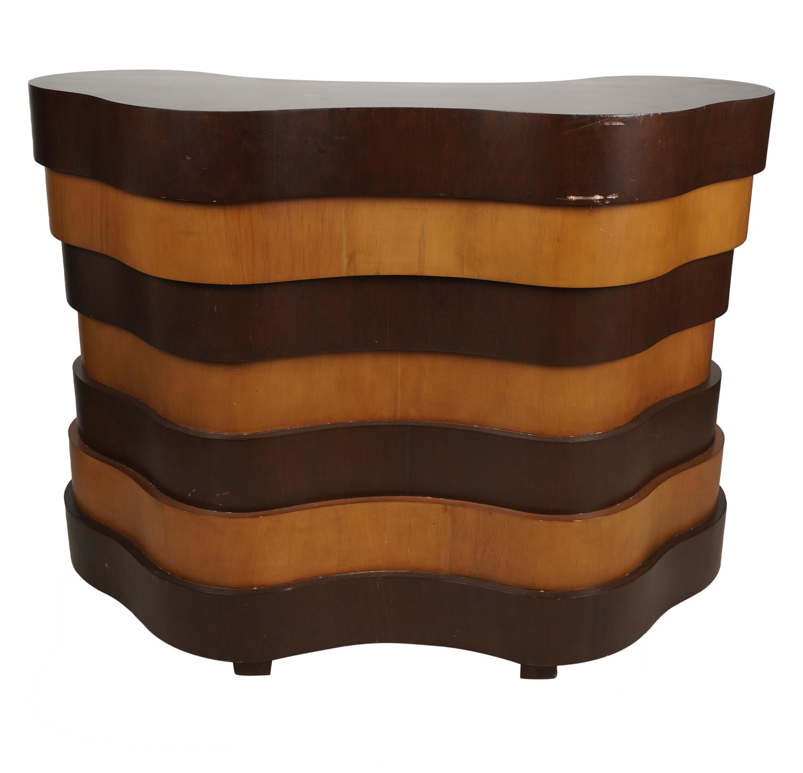 Mid-Century Stained Wood Bar: circa 1960; manufacturer unknown; curved, the rear with a pair of glazed doors flanked on either side by a recess with brackets for shelves 41 x 54 3/4 x 25 in. (104.1 x 139.1 x 63.5 cm.)