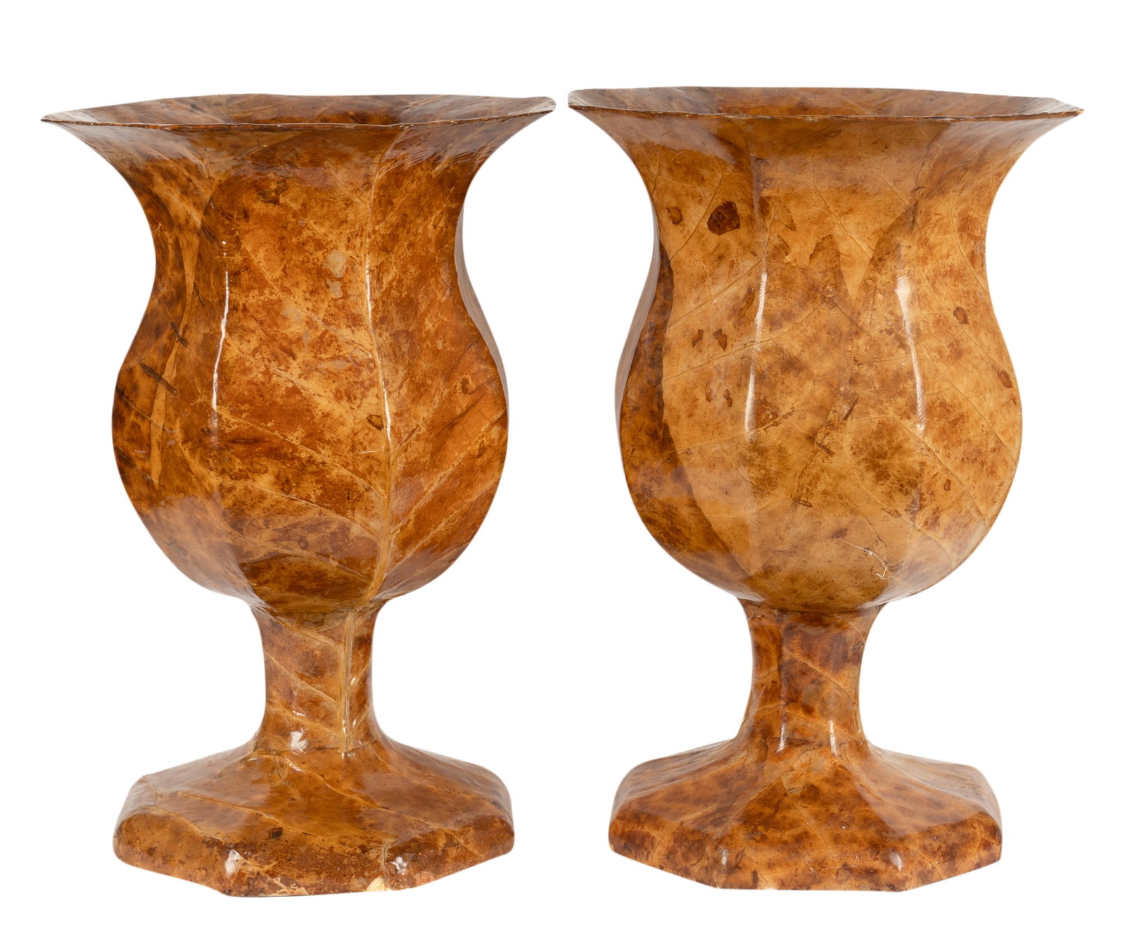 Giovanni Patrini: Pair of Lacquered Tobacco Leaf Urns: Italy, circa 1980; each with paper label to base "Giovanni Patrini Per Compagnia del Tabacco" 22 1/2 x 15 x 15 in. (57.2 x 38.1 x 38.1 cm.)