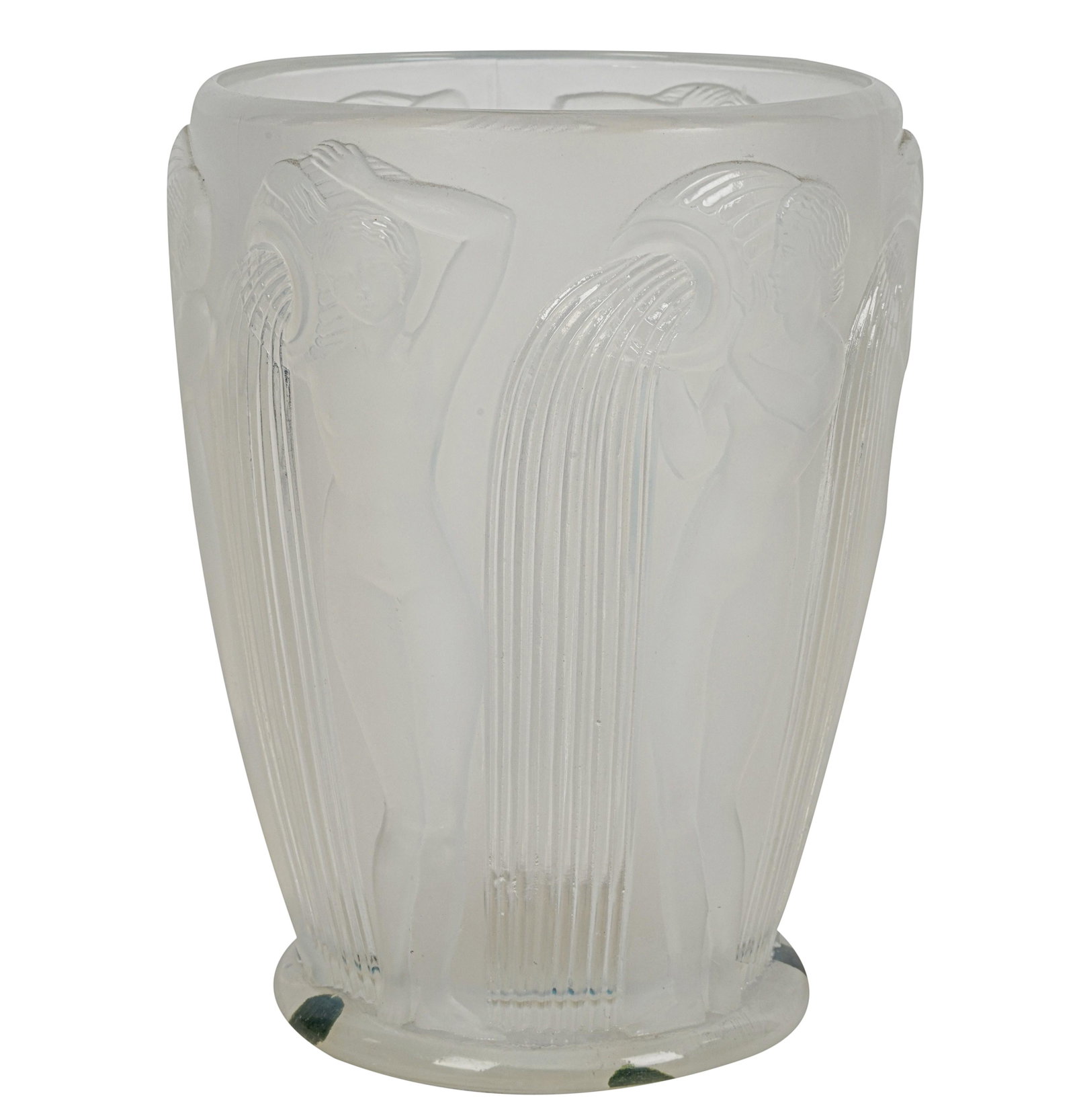 Rene Lalique Danaides Opalescent Glass Vase: M. 972, designed 1926; molded mark "R. Lalique" and incised "France" 7 1/4 x 5 1/2 in. (18.4 x 14 cm.)