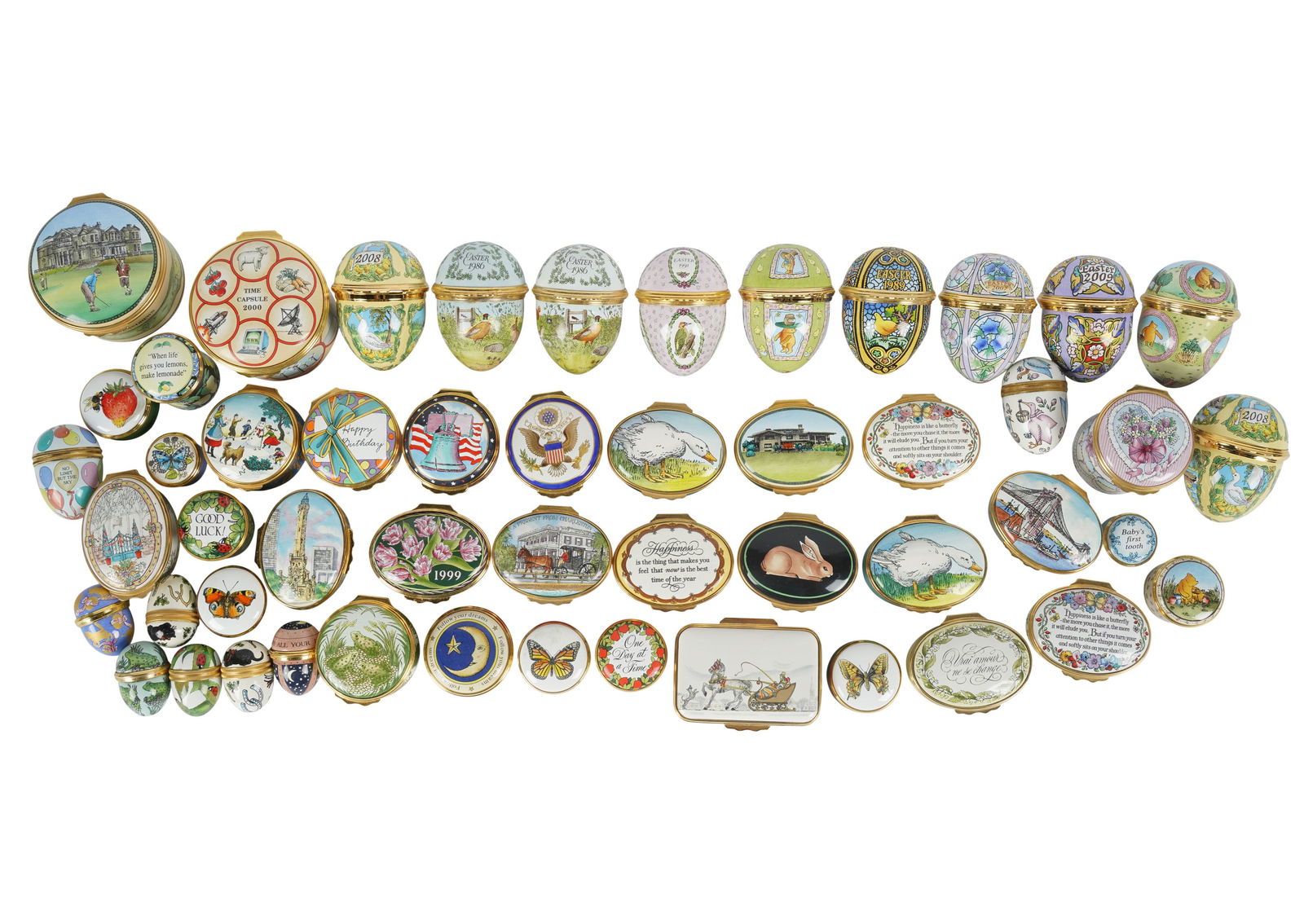 Collection of 50 Halcyon Days Pill Boxes: each with gilt "Halcyon Days" stamp; including 12 designed for Tiffany and Co. Ranging from 2 1/4 in. to 1 in.