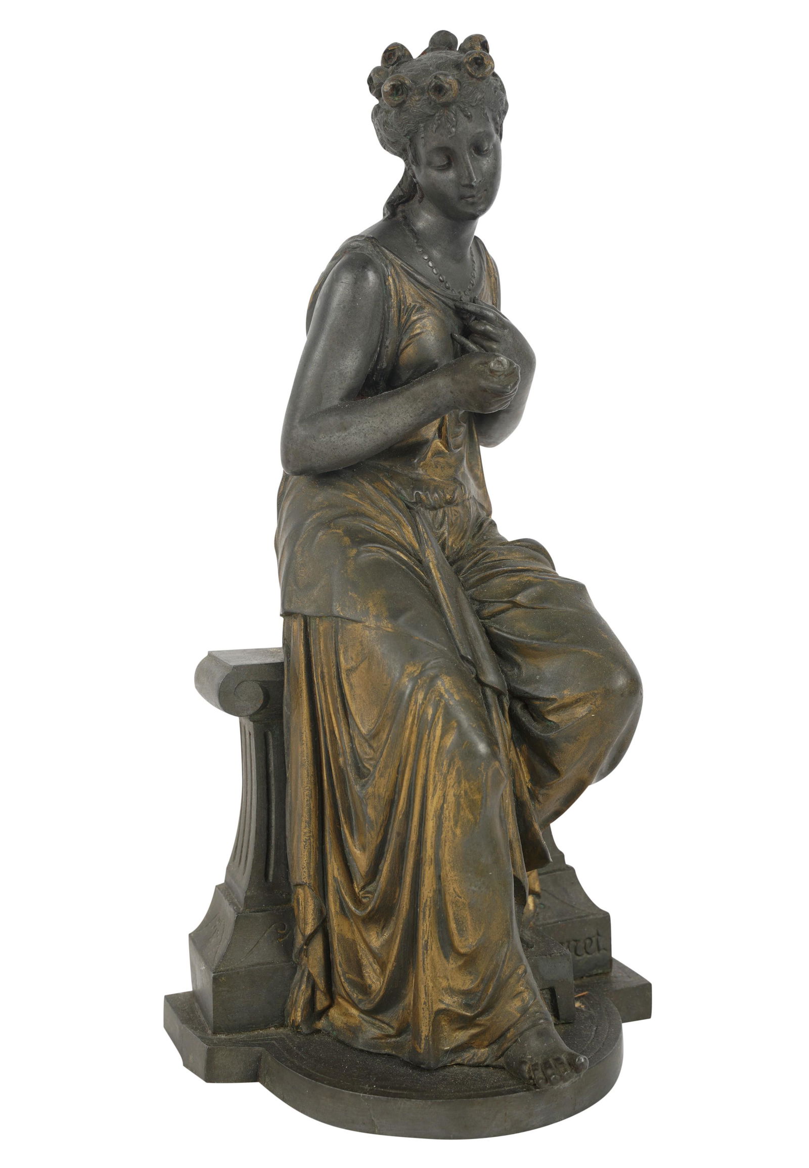 After Eutrope Bouret: Seated Woman: patinated spelter; signed in casting 13 x 6 1/4 x 5 1/2 in. (33 x 15.9 x 14 cm.)