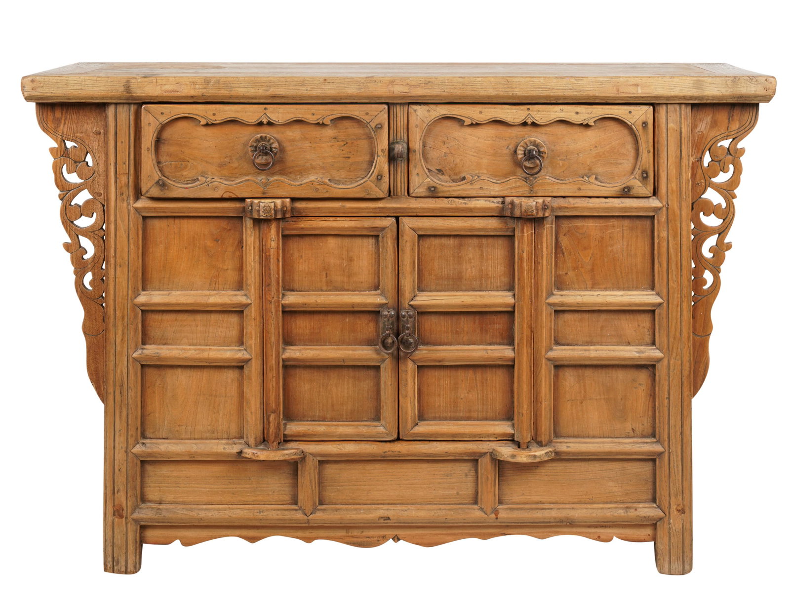 Indonesian Carved Wood Sideboard: comprising two drawers and two doors enclosing a single shelf 34 1/2 x 51 x 18 in. (87.6 x 129.5 x 45.7 cm.)