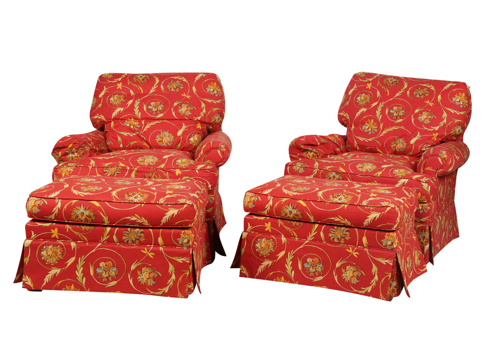 Pair of Hickory Chair Armchairs and Ottomans: with manufacturer's label 31 x 34 x 36 in. (78.7 x 86.4 x 91.4 cm.), Seat height: 18 in. (45.7 cm.); Ottomans: 16 x 27 x 18 in. (40.6 x 68.6 x 45.7 cm.)