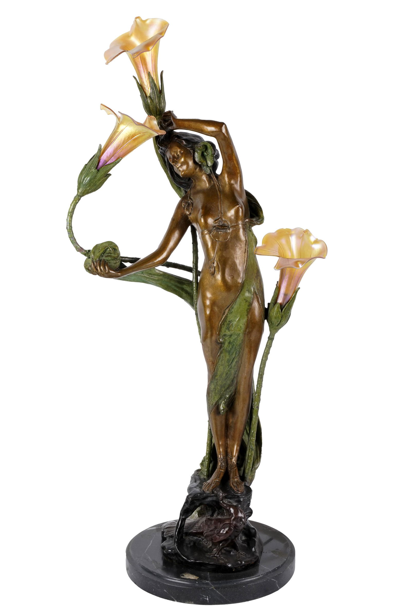 Collection of Larry Flynt: Art Nouveau-Style Table Lamp: patinated bronze, mounted to a marble base, with glass shades; late 20th century; signed in casting "Vittorio Caradossi" Figure: 36 x 17 x 11 in. (91.4 x 43.2 x 27.9 cm.), Overall: 37 1/2 in. (95.3 cm