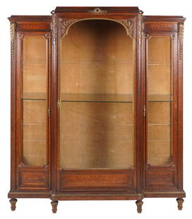 Maison Forest Neoclassical-Style Vitrine Cabinet: oak and oak parquetry with gilt bronze mounts; signed "Forest" to rear; the hinged, glazed door flanked by fixed, glazed panels, the side panels also glazed, enclosing an illuminated interior with thr