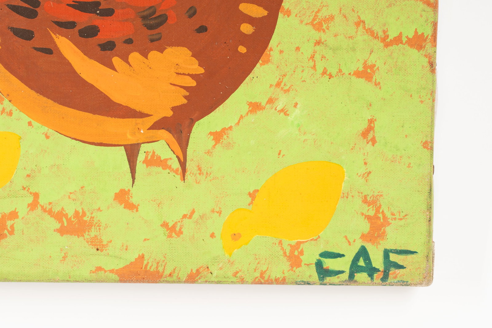 Unknown Artist: Feeding Chickens: mid 20th century; oil on canvas; signed "EAE" lower right 35 x 57 1/2 in. (88.9 x 146.1 cm.)