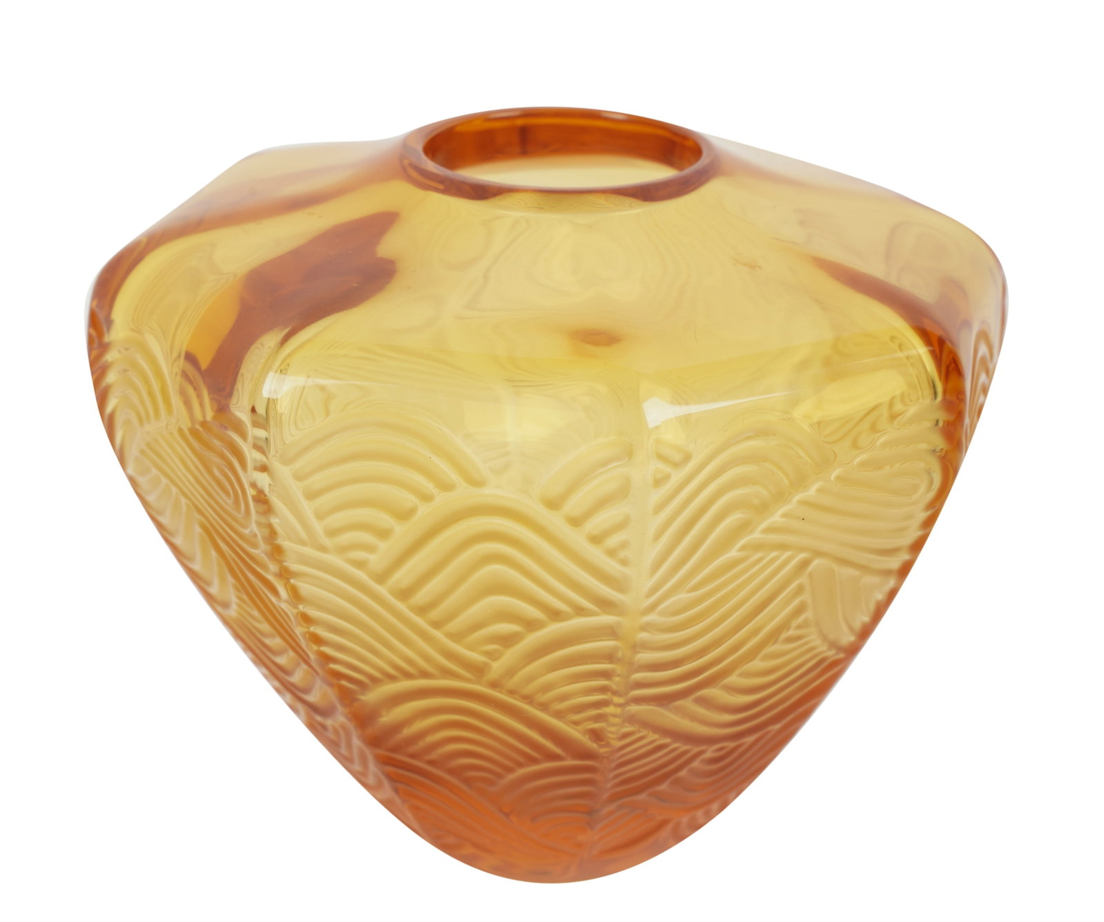 Lalique Amber Glass Vase: signed "Lalique France" and with adhesive label 4 1/8 x 5 5/8 in. (10.5 x 14.3 cm.)