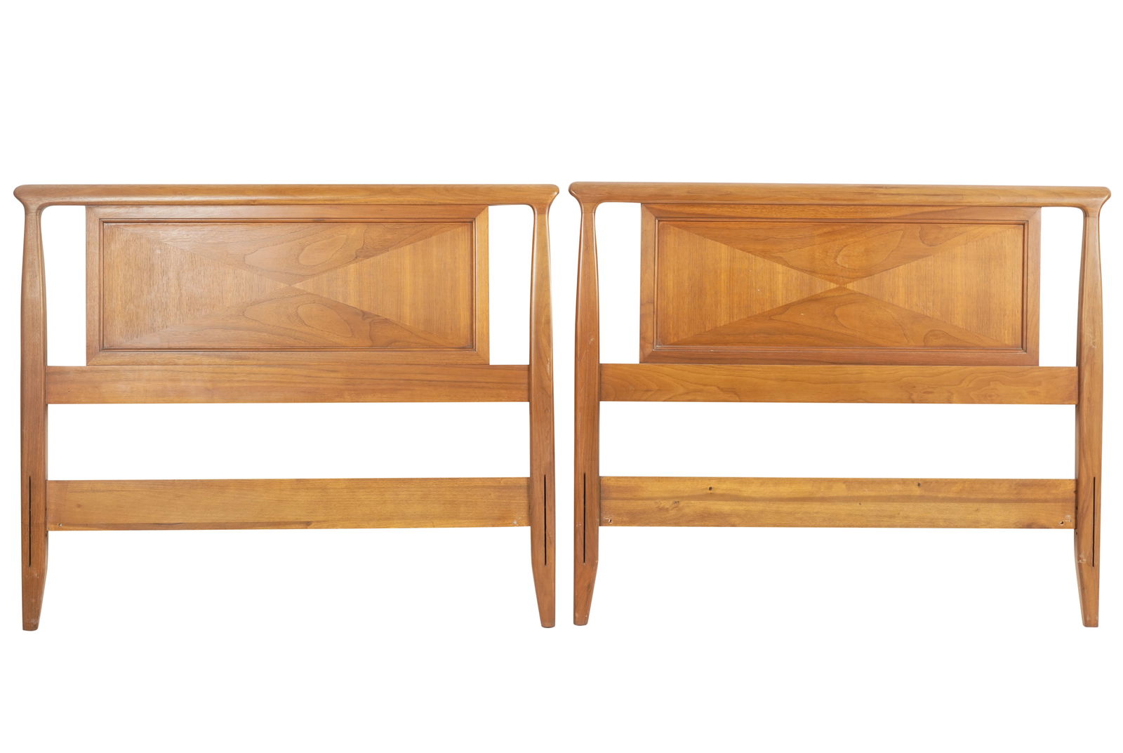 Pair of Mid-Century Modern Twin Headboards: each ink-stamped to rear "360. 1/2. Bed 3/3 Mace. Wal." 35 1/2 x 43 1/4 in. (90.2 x 109.9 cm.)