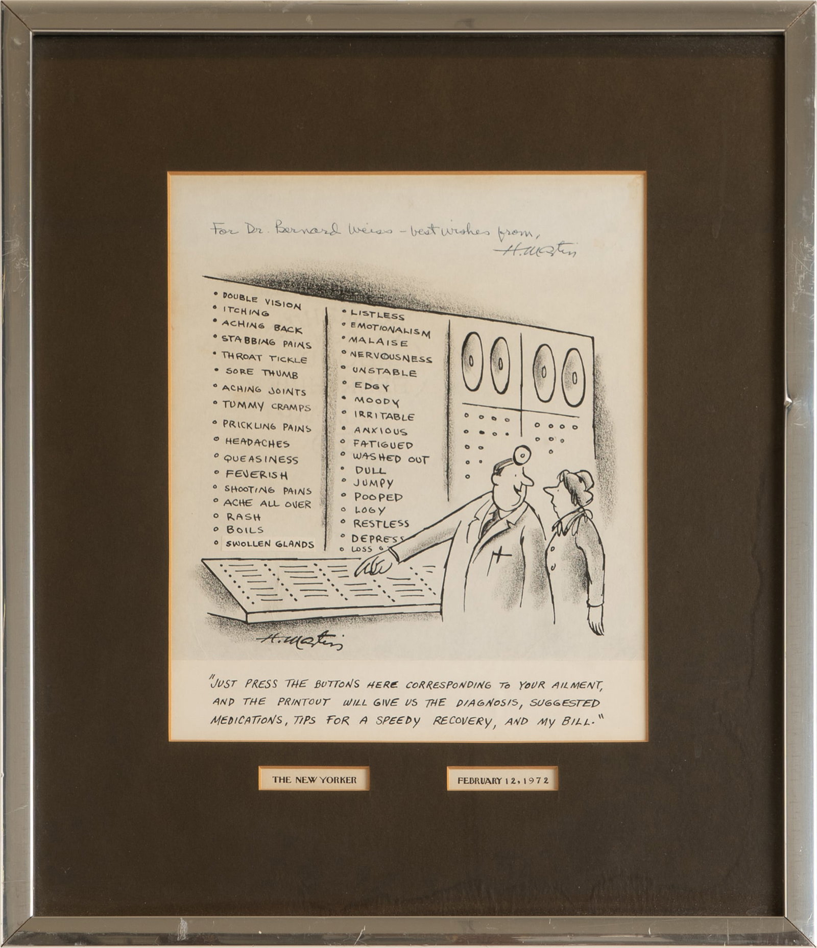Henry Martin (1925-2020): Just Press the Buttons Here: "Just Press the Buttons Here Corresponding to Your Ailment, and the Printout Will Give Us the Diagnosis..."; cartoon for the New Yorker, February 12, 1972; pen, ink and charcoal on paperboard laid to 