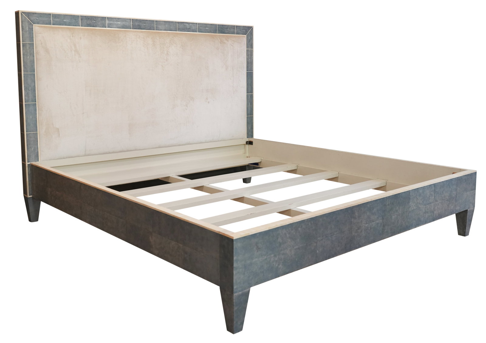 King-Size Upholstered Bed Frame: velvet, faux shagreen and bone veneer; manufacturer unknown 58 x 87 1/2 x 81 in. (147.3 x 222.3 x 205.7 cm.), Inner frame: 82 x 77 5/8 in. (208.3 x 197.2 cm.)