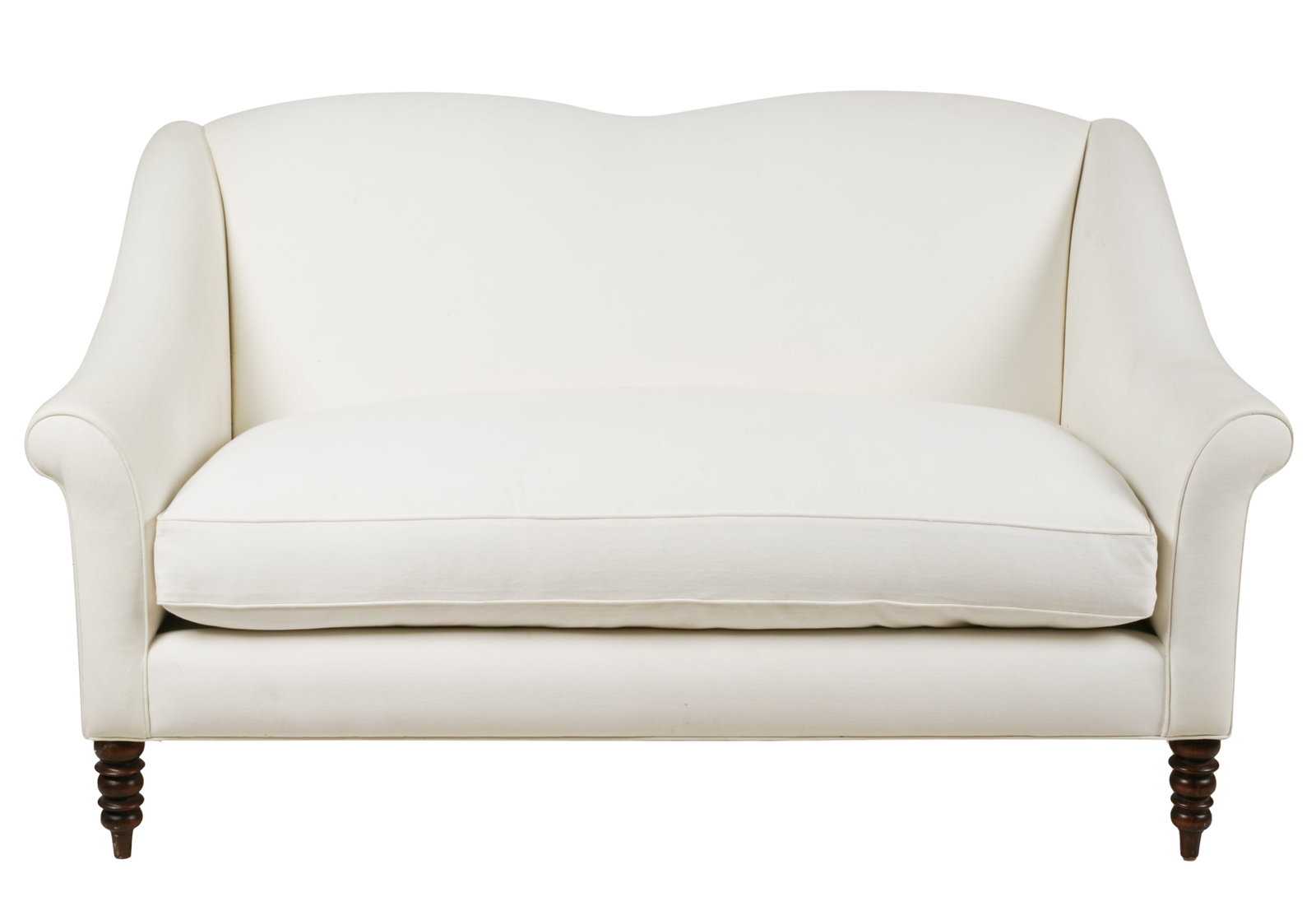 White Linen-Upholstered Love Seat: manufacturer unknown; on turned stained wood legs 36 x 64 x 34 in. (91.4 x 162.6 x 86.4 cm.), Seat height: 20 in. (50.8 cm.)