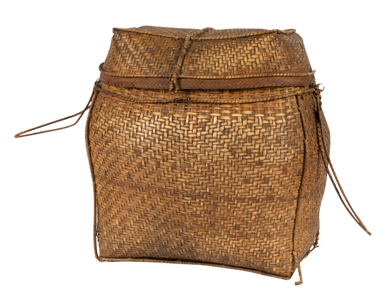 Woven Basket: with handles and closure, the interior unlined 18 3/4 x 20 x 14 1/2 in. (47.6 x 50.8 x 36.8 cm.)