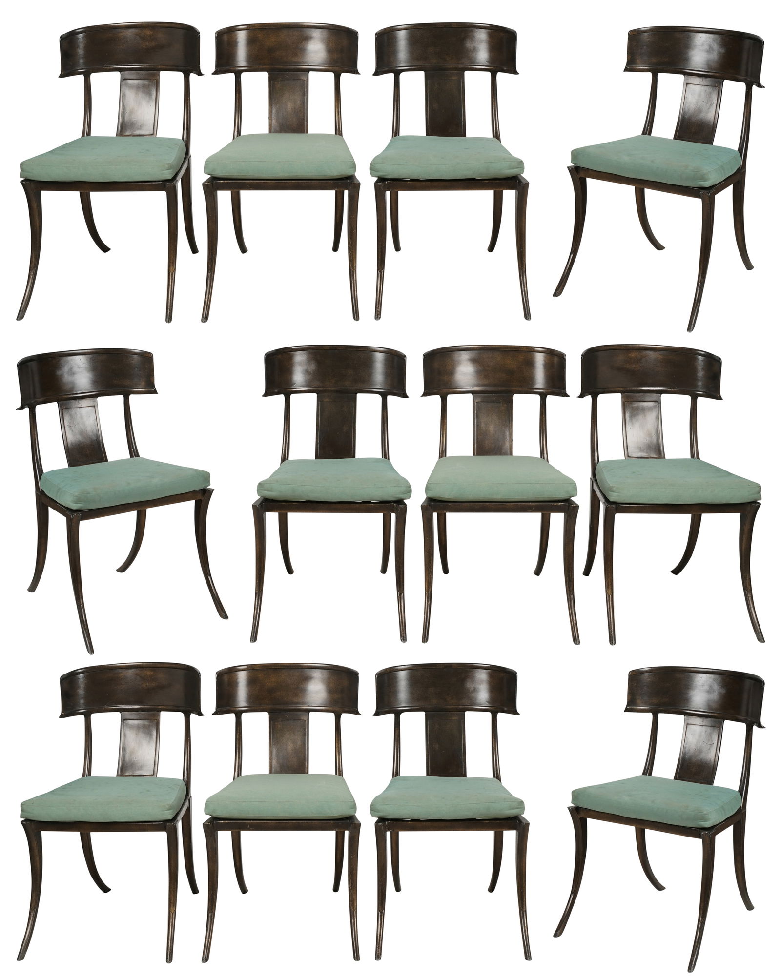 Set of Twelve Michael Taylor Klismos-Style Garden Chairs: painted metal; each with loose fabric seat cushion 34 1/2 x 21 x 22 1/2 in. (87.6 x 53.3 x 57.2 cm.), Seat height: 20 in. (50.8 cm.)
