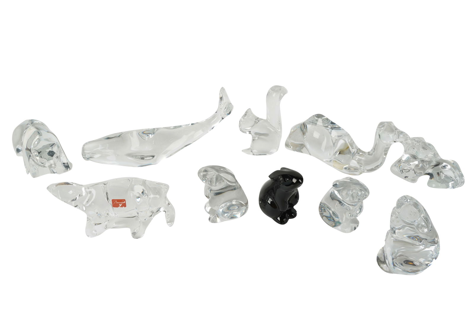 Group of Baccarat Crystal Animal Figures: each marked; comprising a whale (9 1/2 in. wide), a camel (7 1/2 in. wide), a squirrel (4 1/2 in. high), two clear rabbits (3 1/2 in. high), a black rabbit (3 1/4 in. high), a mouse (4 1/2 in. high),