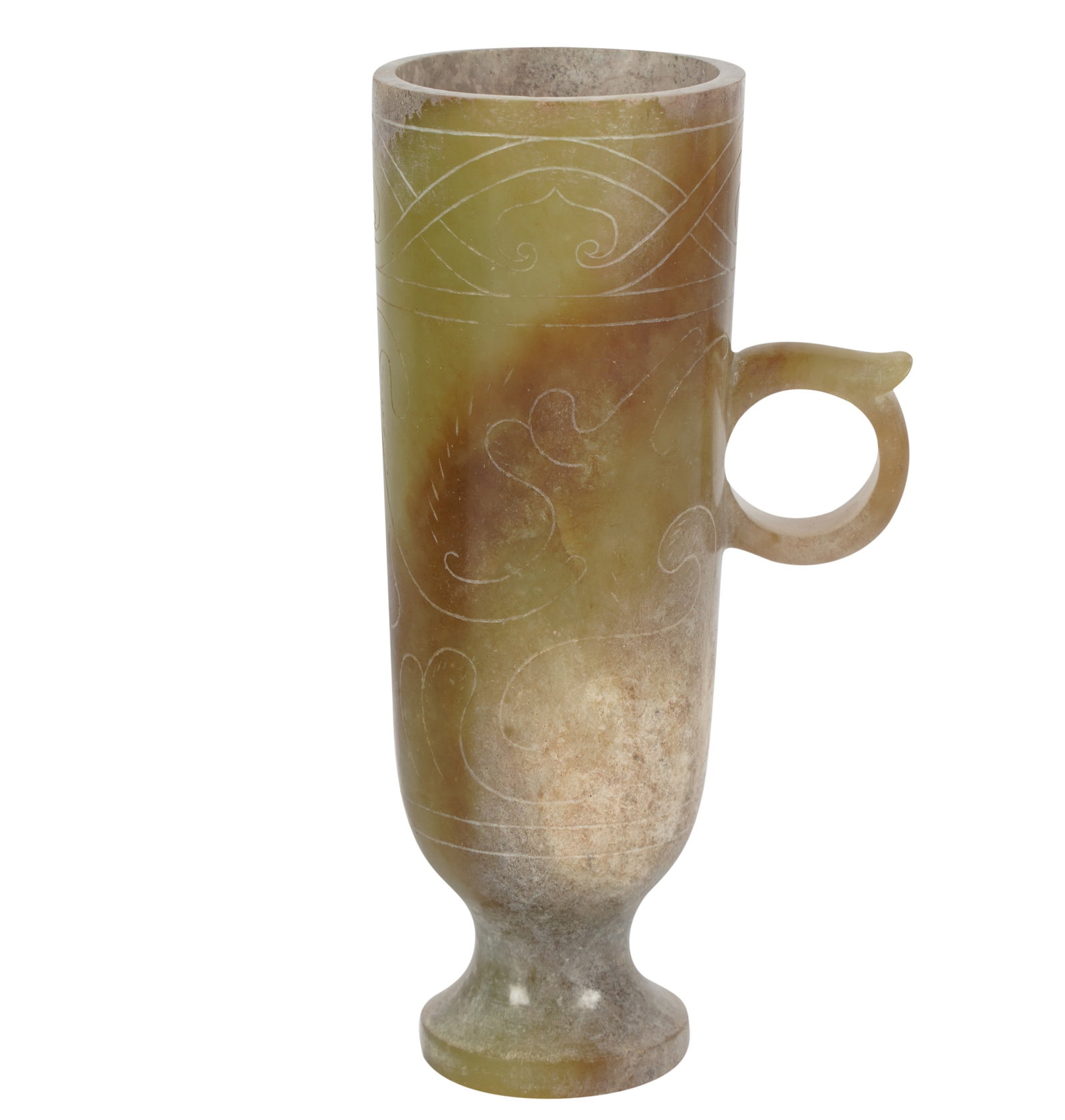 Chinese Carved Jade Ritual Wine Cup: with fitted box 4 1/2 x 2 1/2 x 1 3/4 in. (11.4 x 6.4 x 4.4 cm.), Box: 2 1/2 x 6 1/2 x 4 1/2 in. (6.4 x 16.5 x 11.4 cm.)