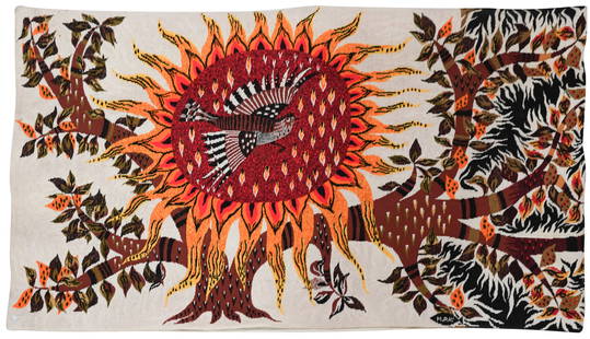 After Michele Ray: Jour et Nuit: tapestry wallhanging in wool with cotton backing; probably for Robert Four, France, circa 1965; signed in weaving lower right "M. Ray" 42 x 70 in. (106.7 x 177.8 cm.)