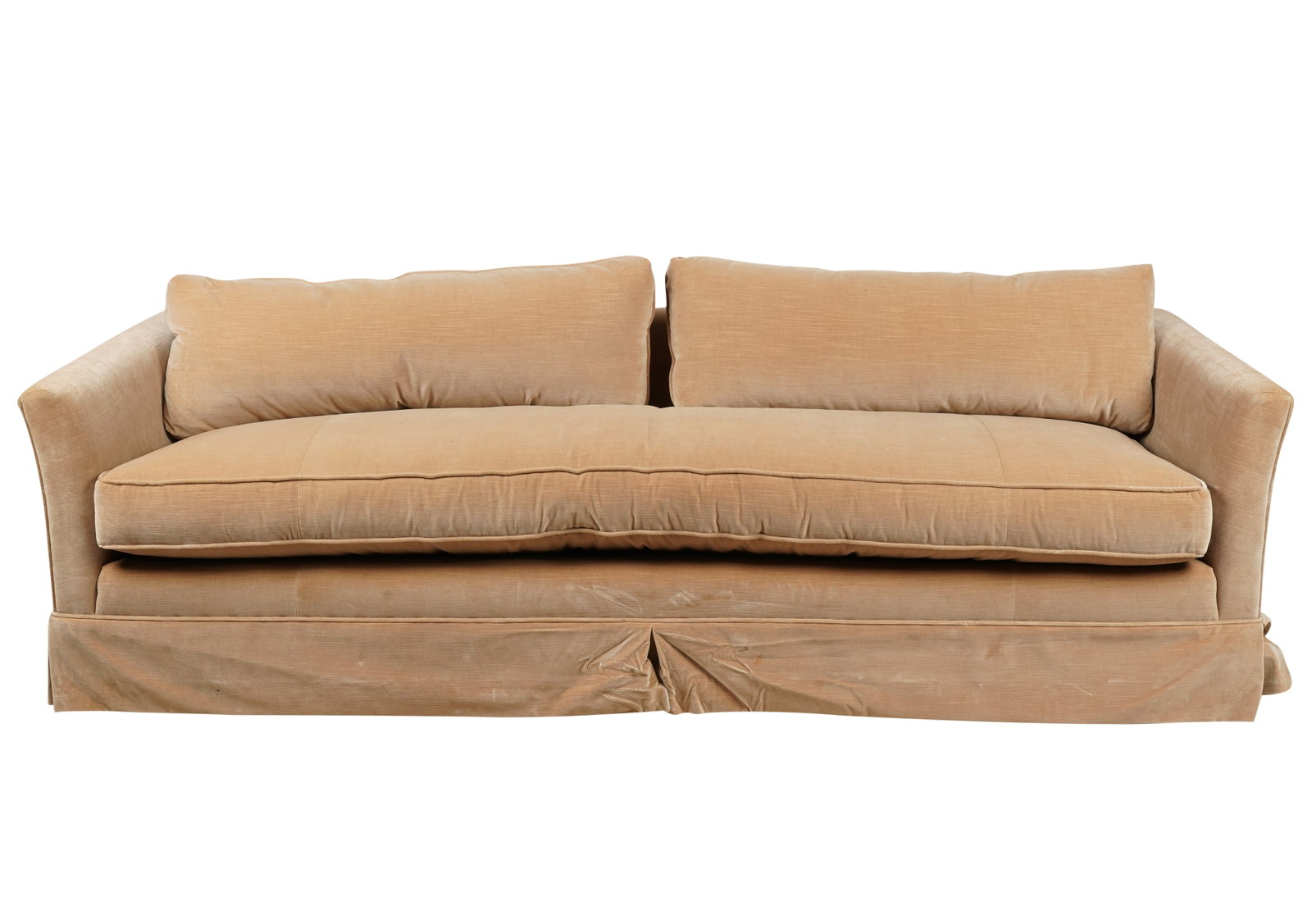 Tan Velvet-Upholstered Sofa: manufacturer unknown 32 x 95 x 35 in. (81.3 x 241.3 x 88.9 cm.), Seat height: 20 in. (50.8 cm.)
