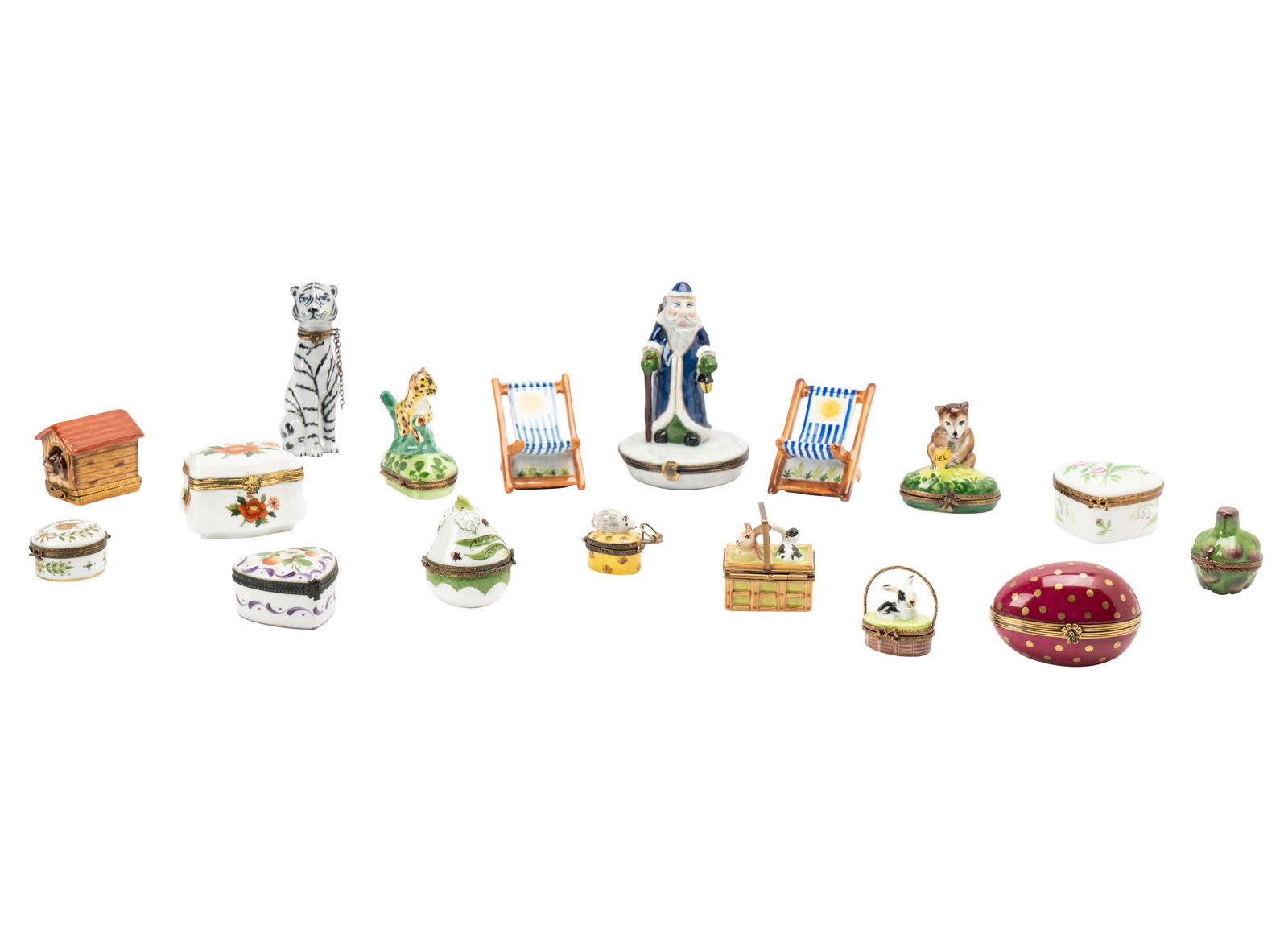 Collection of Limoges Porcelain Pill Boxes: each marked [17 pieces] Ranging from 1 1/4 in. (3.2 cm.), to 4 1/2 in. (11.4 cm.)