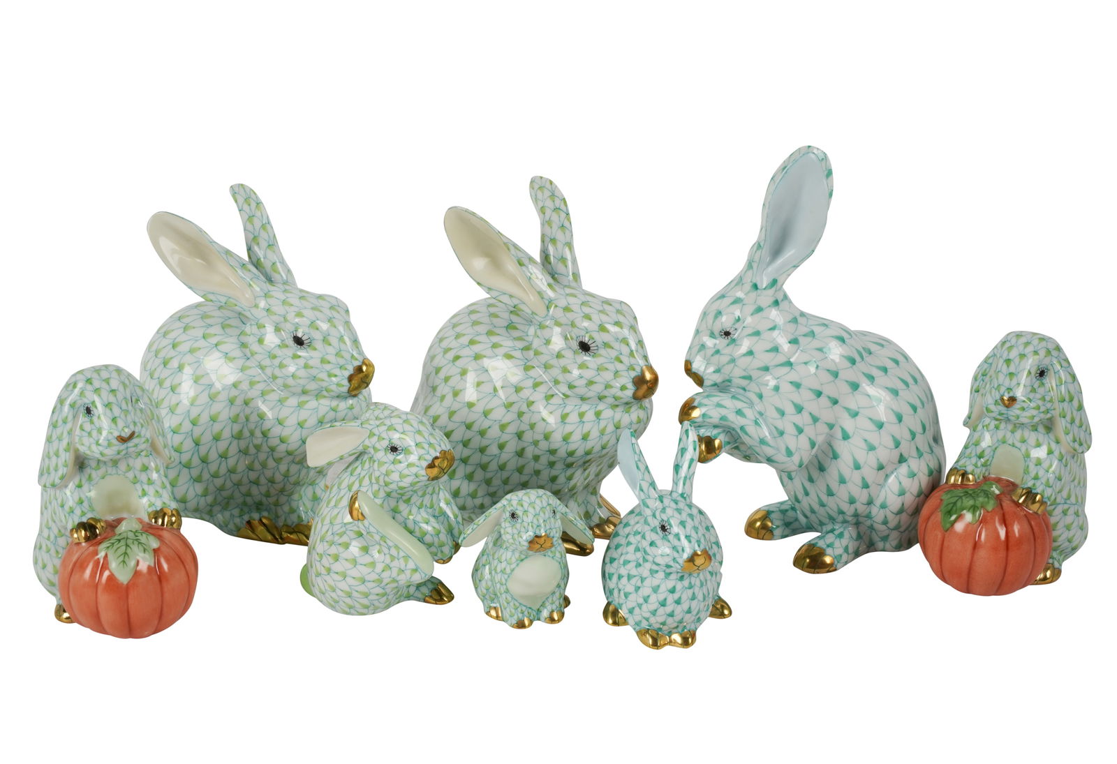 Group of Herend Key Lime Fishnet Porcelain Rabbits (1 of 13)