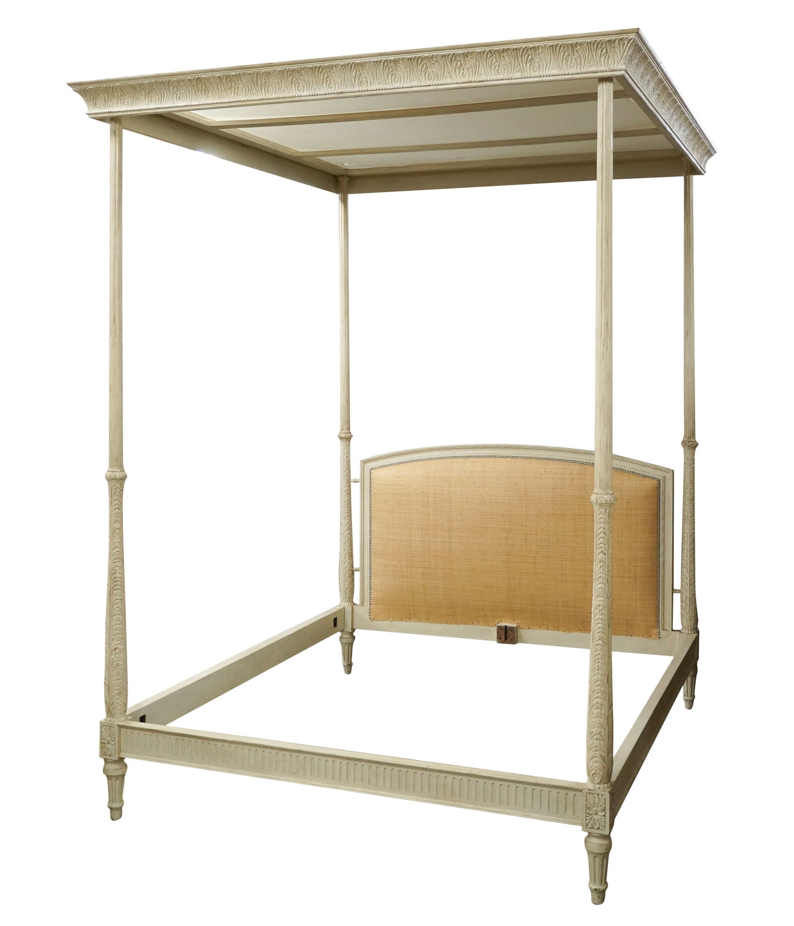 Contemporary White-Painted Tester Bed: the headboard covered with grass cloth with nail head trim Approximately: 112 x 90 x 82 1/2 in. (284.5 x 228.6 x 209.6 cm.), Inner frame: 72 x 76 1/2 in. (182.9 x 194.3 cm.)