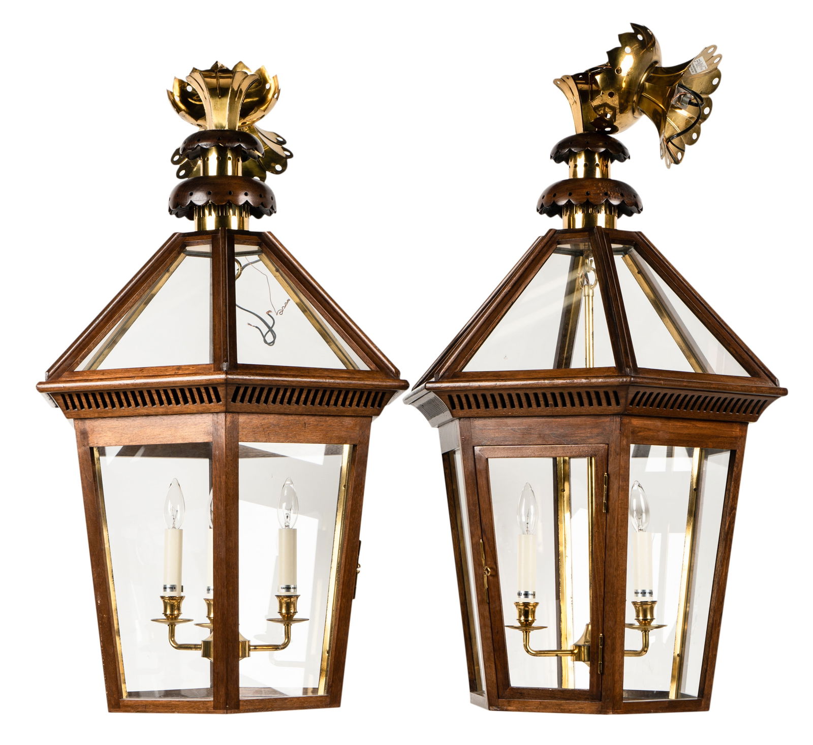 Pair of Stained Wood, Brass and Glass Ceiling Lanterns (1 of 16)