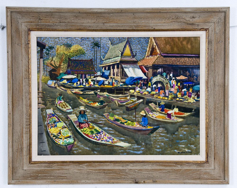 MILLARD SHEETS: "FLOATING MARKET, BANGKOK": circa 1967 watercolor on paper signed lower right titled "Floating Market Bankok [sic]," dated and signed on cardboard backing verso 22 1/2 x 30 1/2 inches