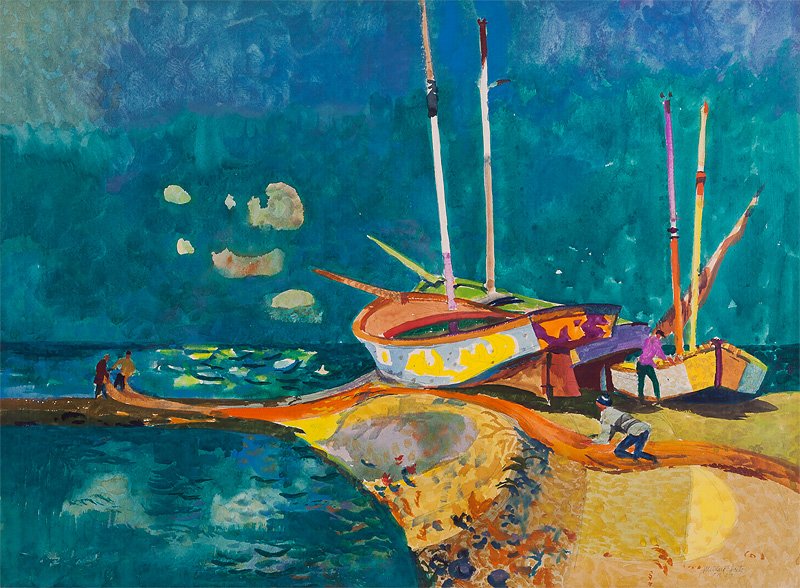 MILLARD SHEETS: "BOATS OF PORTUGAL": circa 1967 watercolor on paper signed and dated lower right Provenance: Dalzell-Hatfield Gallery, Los Angeles 22 x 30 inches