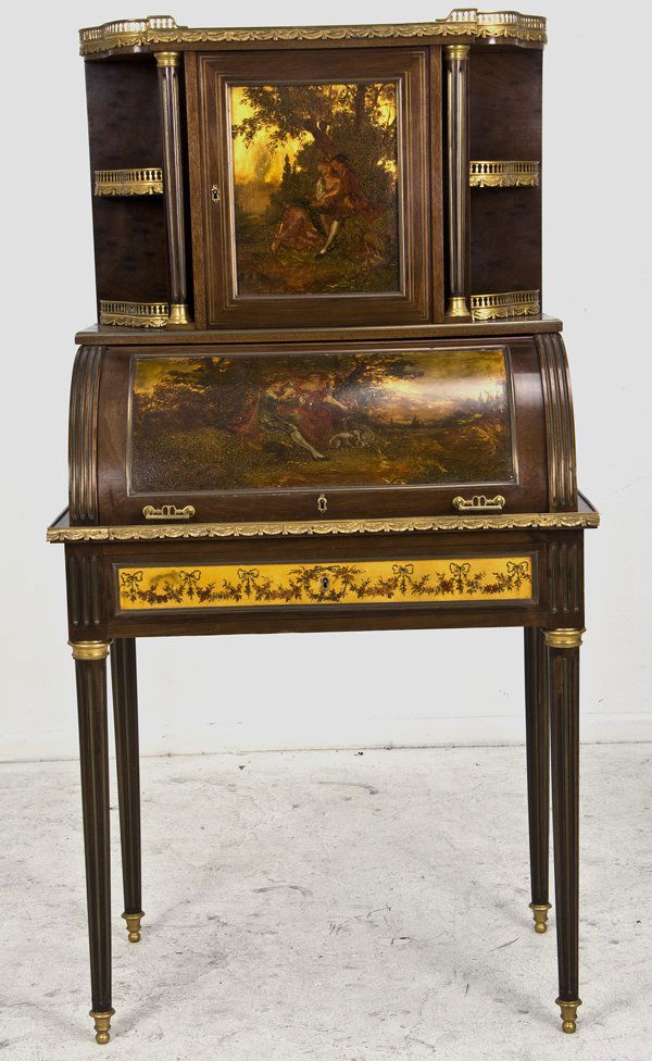 FRENCH MAHOGANY AND "VERNIS MARTIN" BUREAU DE DAME: the superstructure with a marble top and gallery rim above a single painted door flanked by tiered shelves atop a desk with a cylindrical painted lid, frieze drawer, and tapered supports 30 1/2 inches
