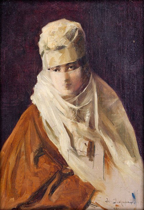 HOVSEP PUSHMAN: "PORTRAIT OF A VEILED WOMAN": circa 1899 oil on canvas signed and dated lower right Provenance: Sotheby's Parke Bernet, Los Angeles-- November, 1981 14 x 10 inches