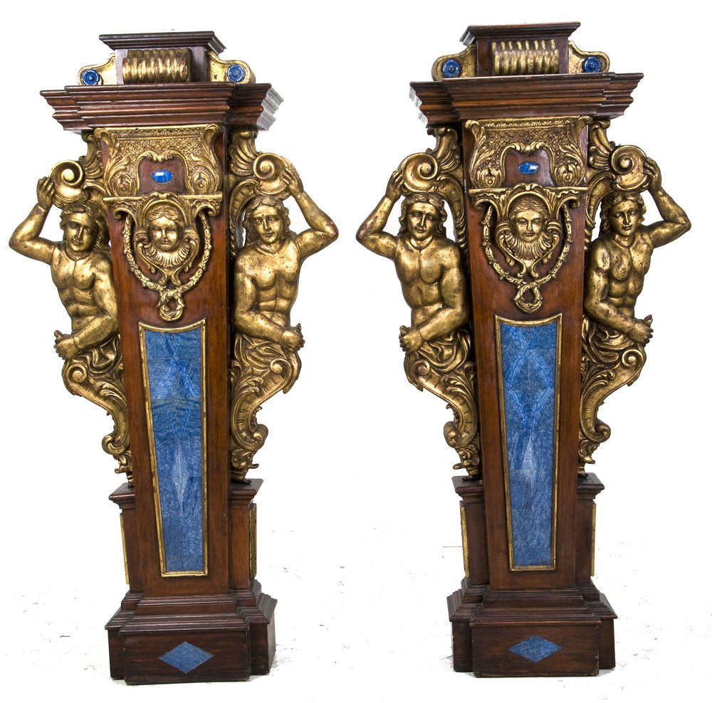 PAIR OF RENAISSANCE STYLE CARVED AND PARCEL GILT F: each with lapis panels and foliate carvings; carved and gilt hermes, and a central cherub masque 63 1/2 inches high