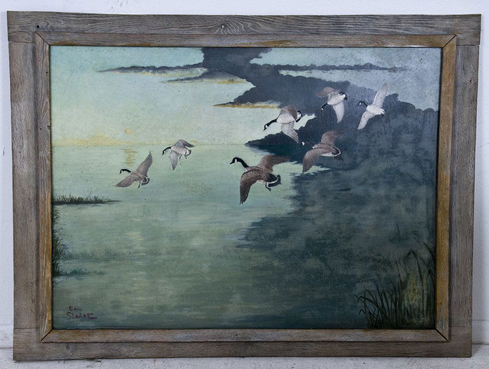 ERIC SLOANE: "CANADIAN GEESE": oil on masonite signed lower left 32 x 42 1/2 inches