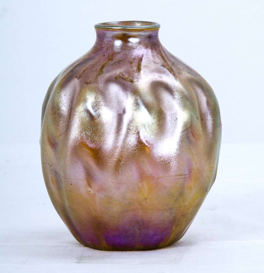 TIFFANY STUDIOS GOLD FAVRILE VASE: with a rolled rim and pinched shoulders 5 1/2 inches high