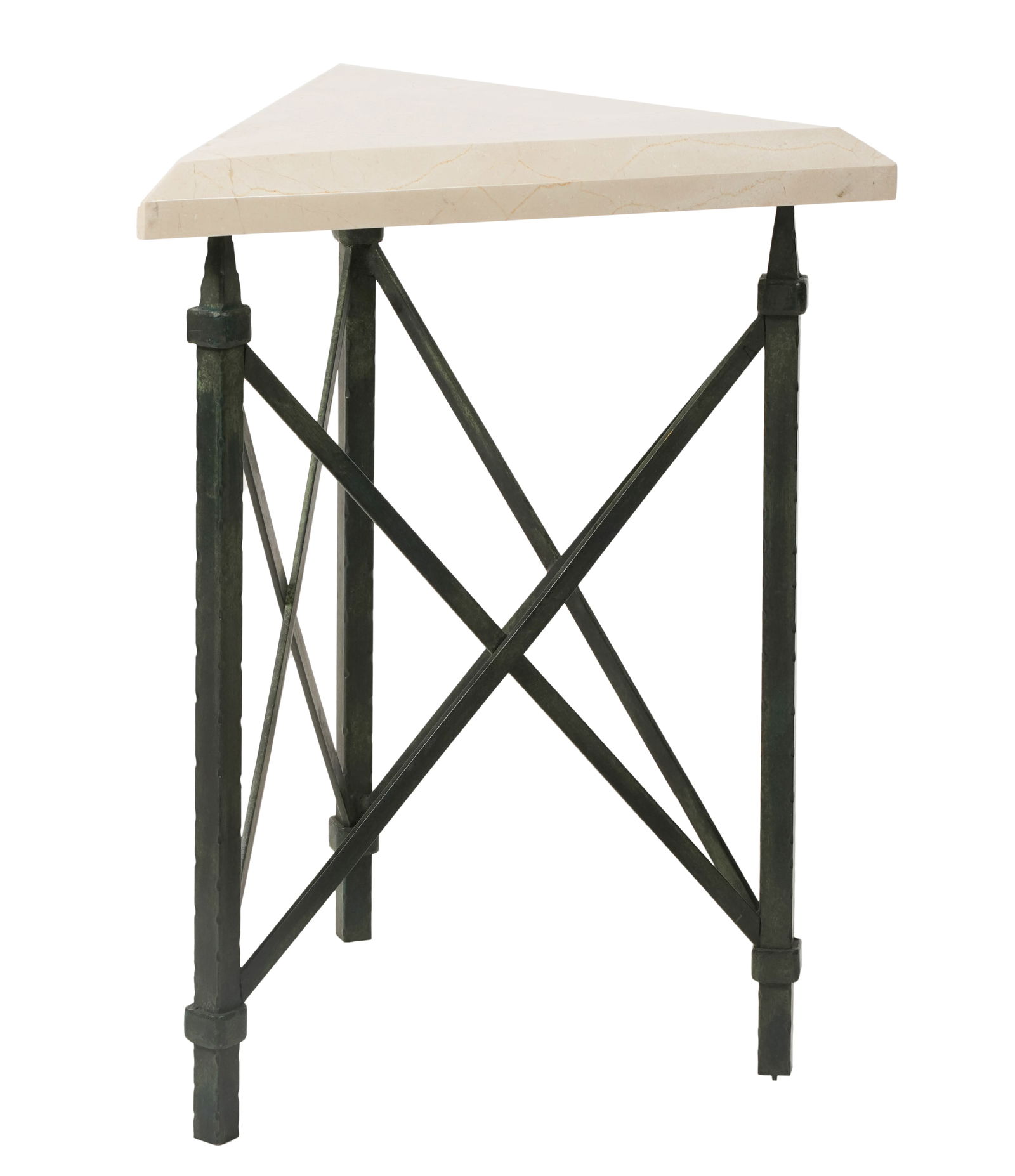 Metal and Travertine Stand: manufacturer unknown Height: 21 3/4 in. (55.2 cm.), Triangle top: 17 1/4 x 17 1/4 x 17 1/4 in. (43.8 x 43.8 x 43.8 cm.)